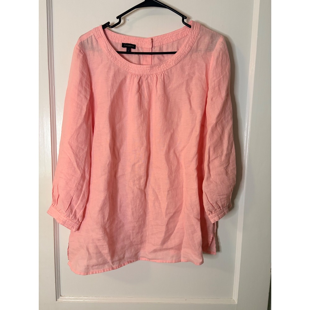Talbots Pink Linen Button Back Blouse Scoop Neck Top Large Lagenlook